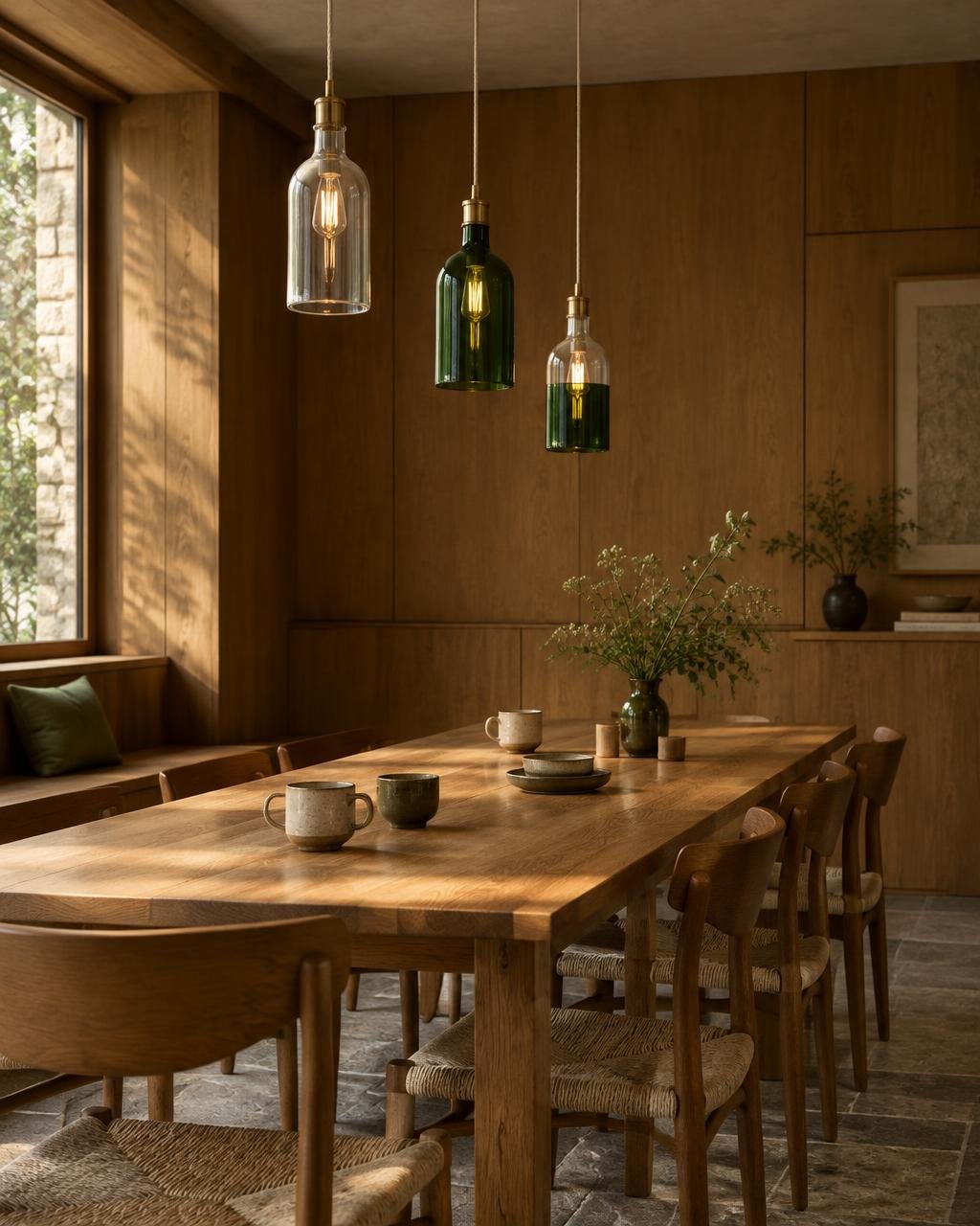 Pendant lights cut from clear and green bottle glass hanging above an oak dining table in a warm wood-lined café
