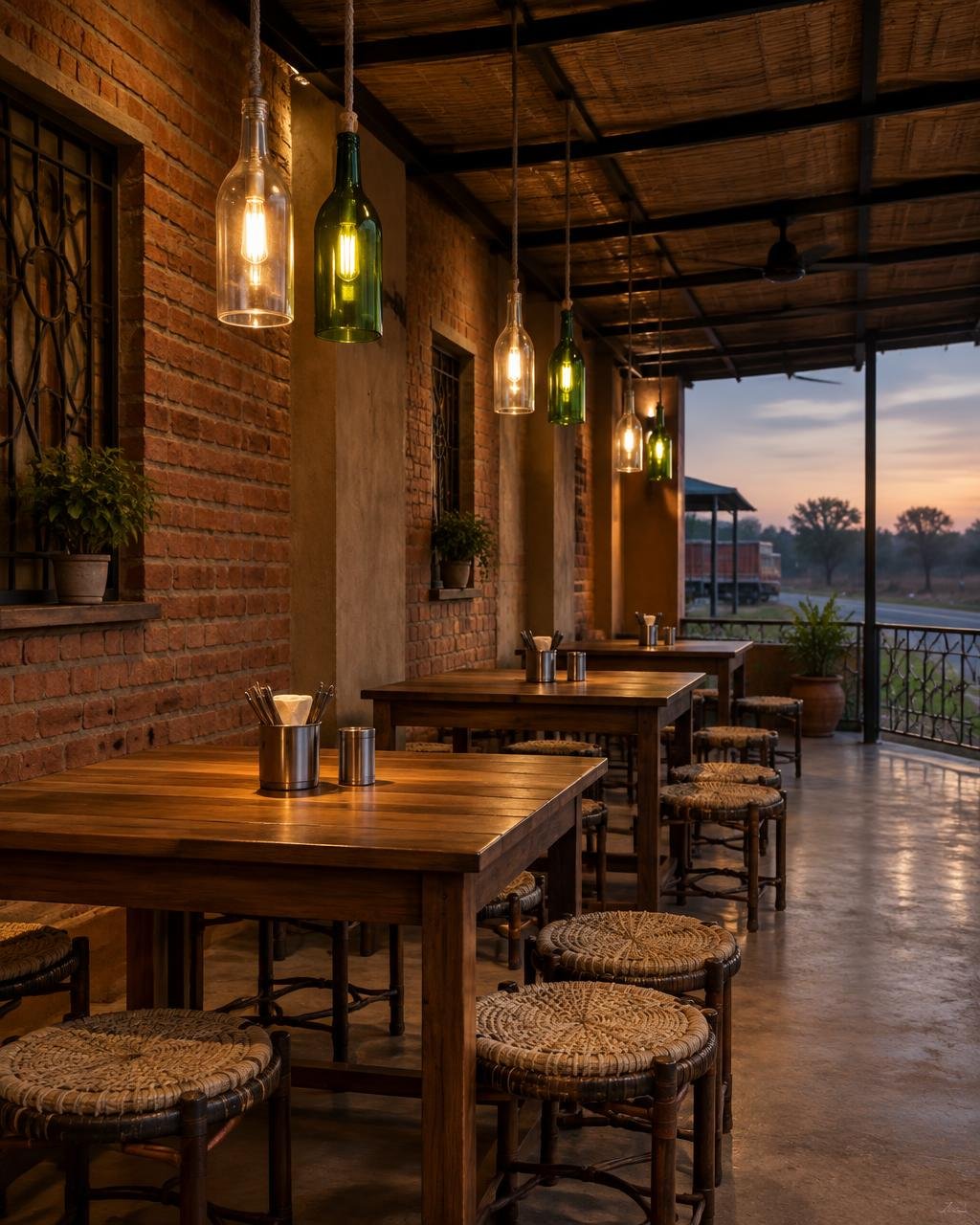 Bottle pendant lights glowing over wooden tables and woven stools in a brick-walled covered veranda at dusk