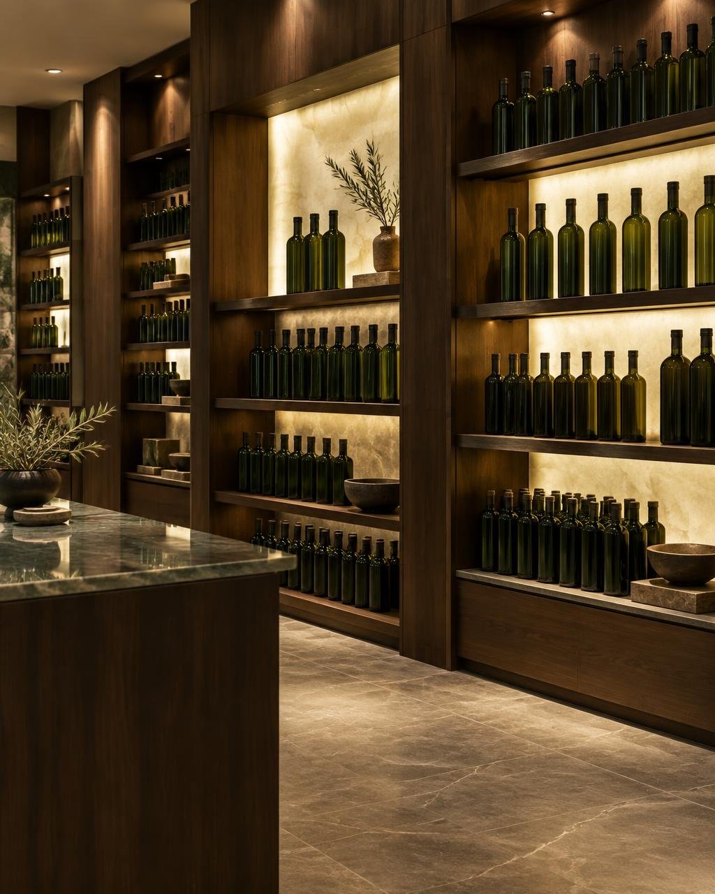 Dark timber shelves of deep-green bottles under warm directional light with softly backlit panels in a premium bottle shop