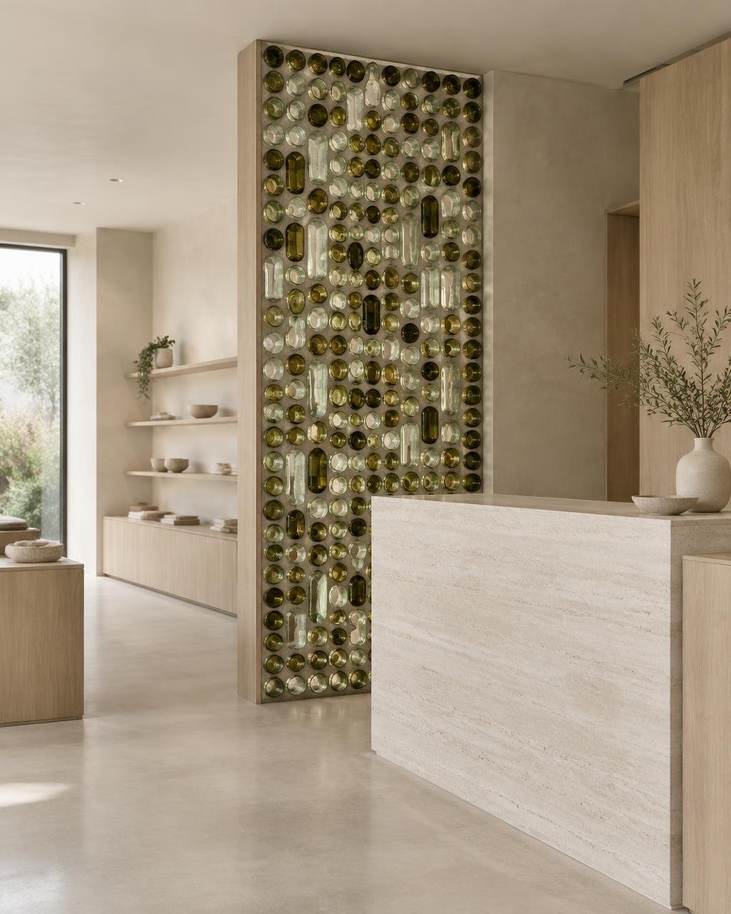 A modular reclaimed bottle-glass feature wall beside a pale stone reception counter in a calm boutique interior