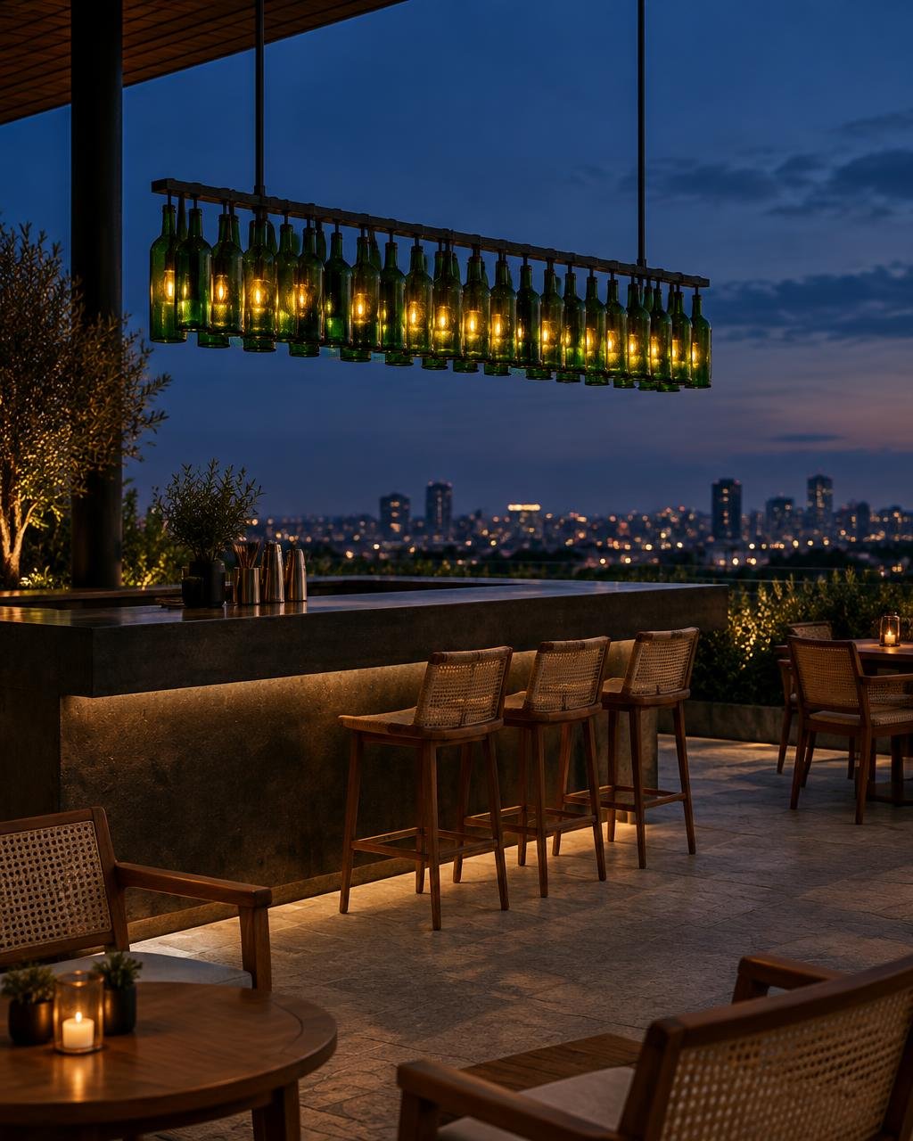 A linear chandelier of glowing reclaimed green bottles above a concrete terrace bar at dusk