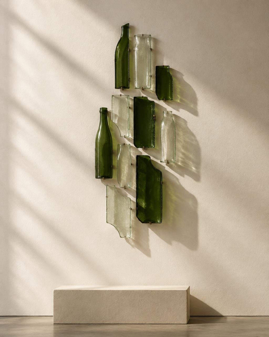 A sculptural composition of cut bottle-glass sections mounted on a clean plaster wall, casting soft shadows
