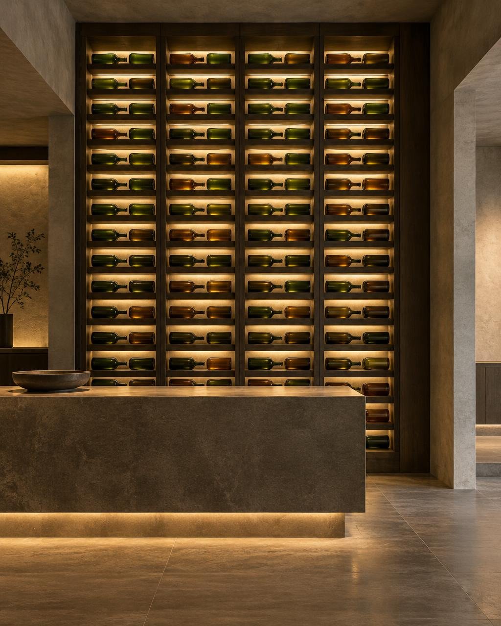 A floor-to-ceiling wall of reclaimed glass bottles in backlit dark timber shelving above a stone counter