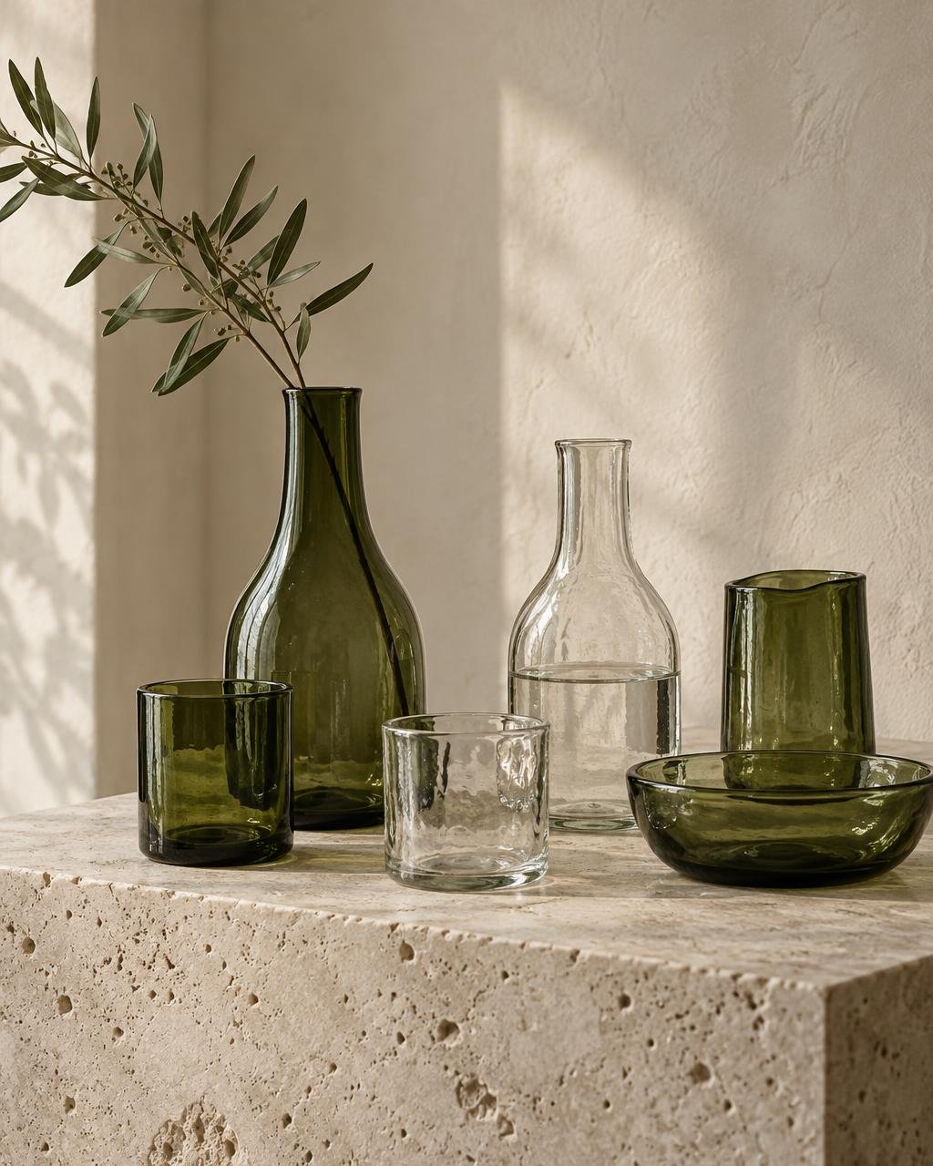 Vases, tumblers, a carafe and a bowl made from reclaimed green and clear bottle glass on a travertine plinth