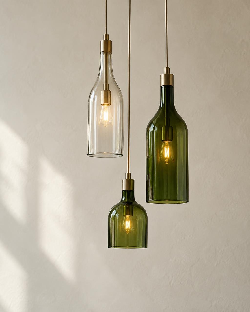 Three pendant lights made from cut glass bottles in clear and deep green, against a warm plaster wall