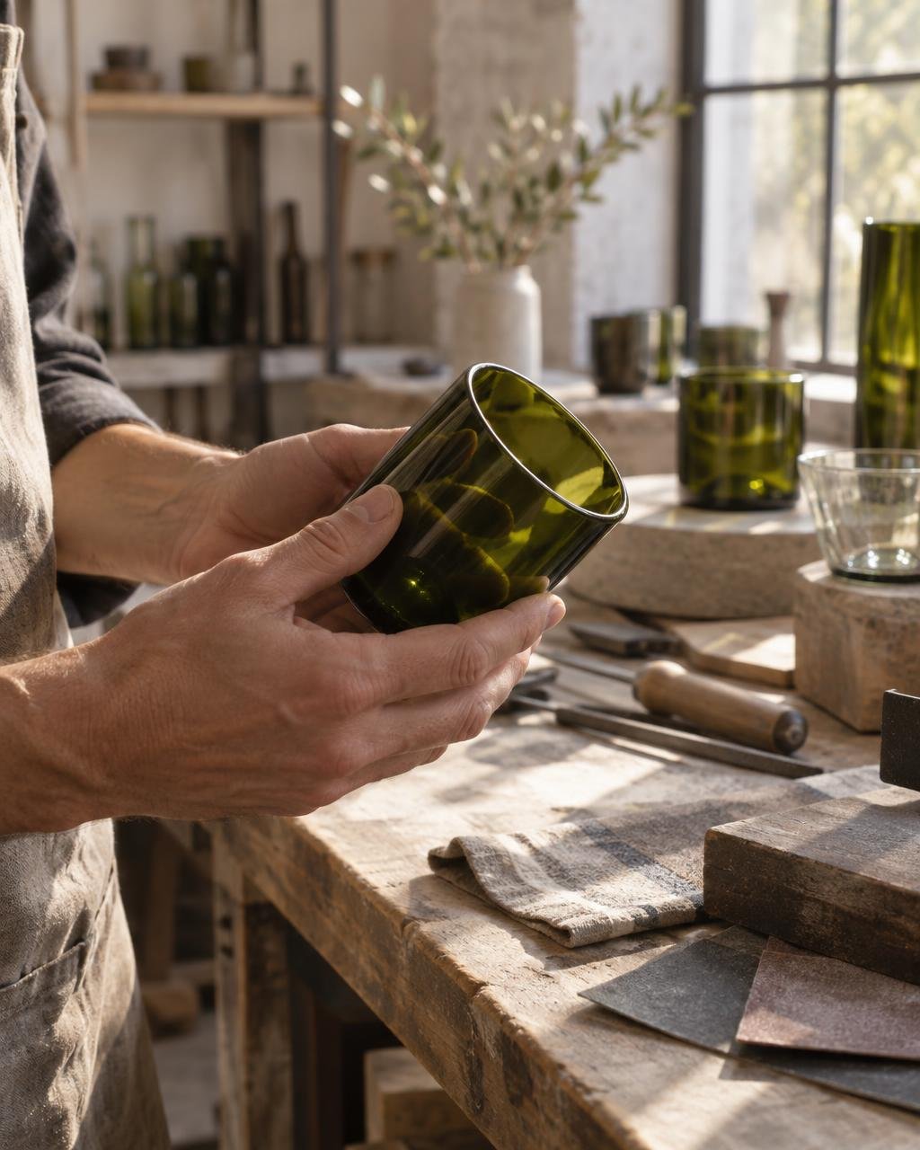 A maker's hands holding a cut deep-green glass bottle section with a polished edge, on a sunlit workshop bench